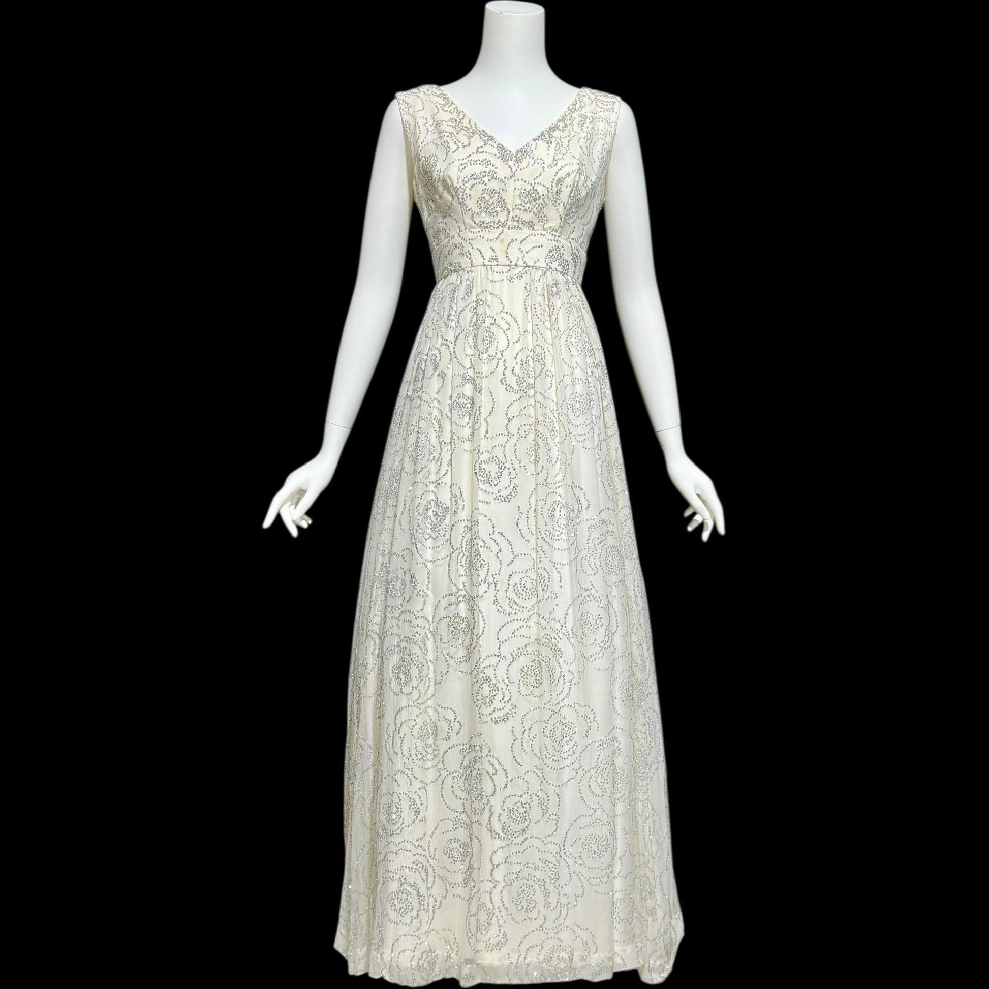 1960s vintage evening dress gown, white chiffon with sparkly silver rose sequins wedding bridal gown
