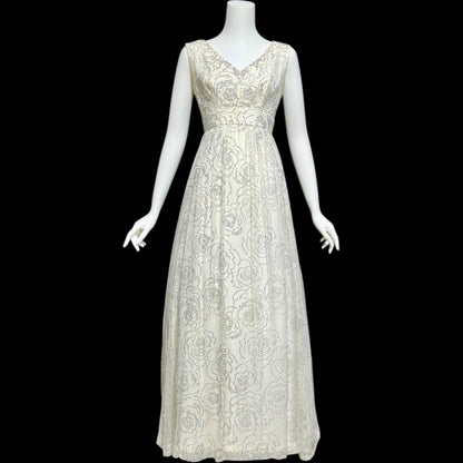 1960s vintage evening dress gown, white chiffon with sparkly silver rose sequins wedding bridal gown