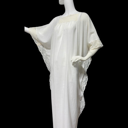 1960s Vintage caftan hostess dress, white crinkly cotton kaftan loose house dress
