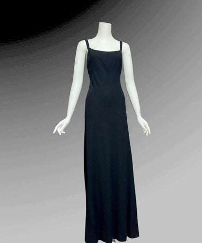 PAULINE TRIGERE, vintage 1980s evening dress, Black crepe bodycon sheath slip dress