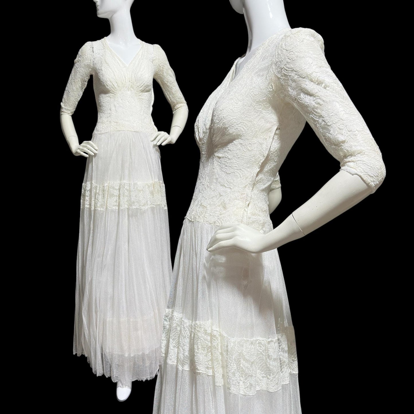 1940s vintage wedding dress, Snowy white tulle and lace sheath gown, full length Old Hollywood gown