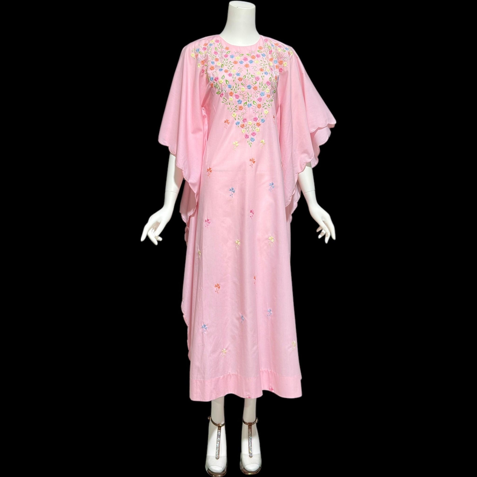 1970s vintage caftan dress, baby pink cotton, embroidered field of flowers, floral and cutwork Kaftan