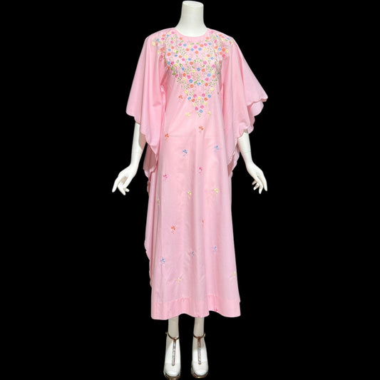 1970s vintage caftan dress, baby pink cotton, embroidered field of flowers, floral and cutwork Kaftan