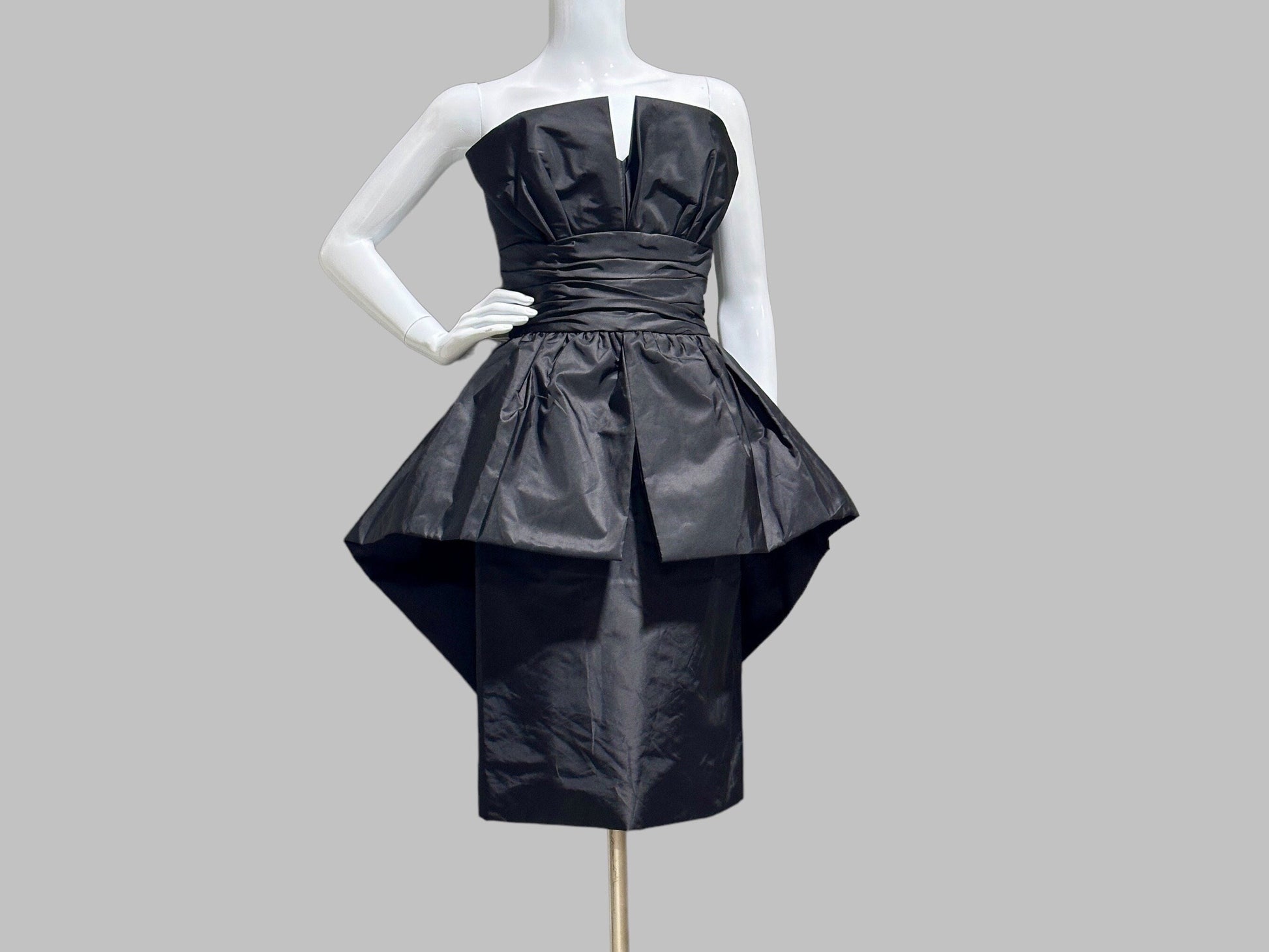 VICTOR COSTA 1980s vintage evening dress, Black Taffeta wiggle peplum avant garde party dress