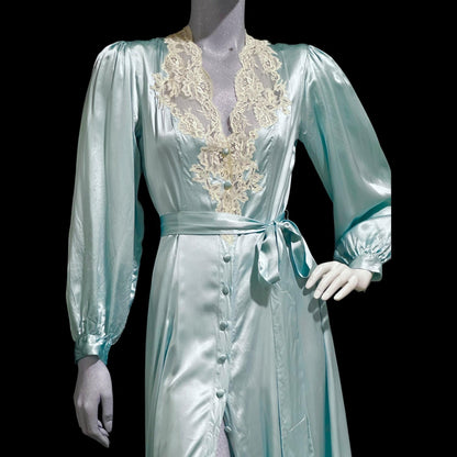 JANET REGER vintage 1970s dressing gown robe, Pure Silk ice blue 70s does 40s old hollywood button front night dress