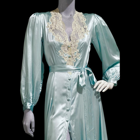 JANET REGER vintage 1970s dressing gown robe, Pure Silk ice blue 70s does 40s old hollywood button front night dress