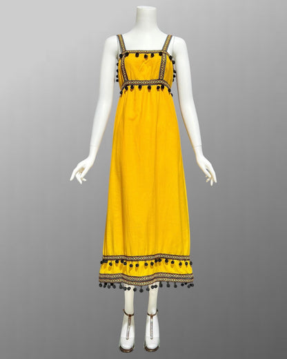1970s vintage Mango Yellow Cotton Casual Sundress with Pom Poms