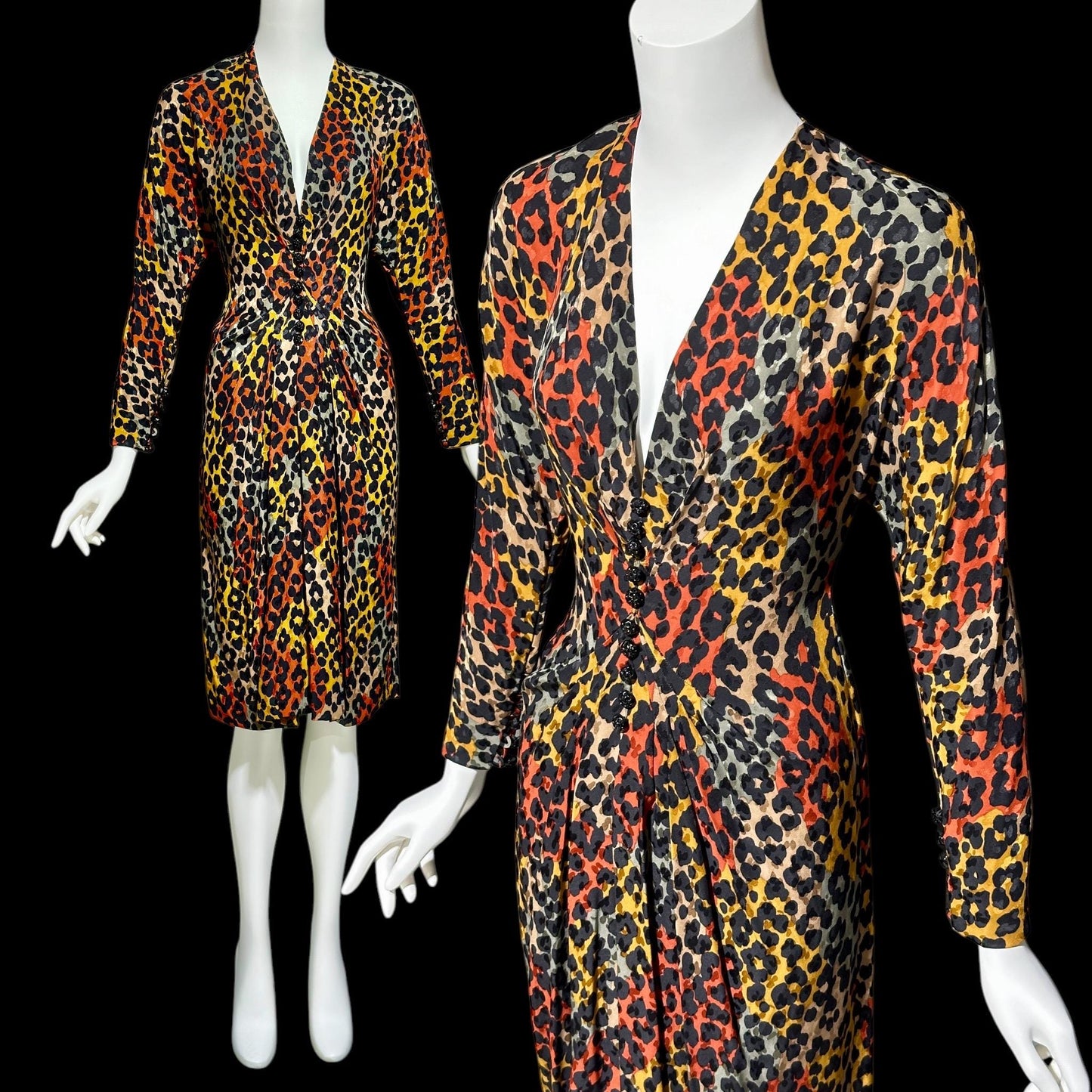 ADOLFO vintage 1980s silk dress, SAKS Fifth Ave, Animal print Office evening party dress, deep V long sleeve