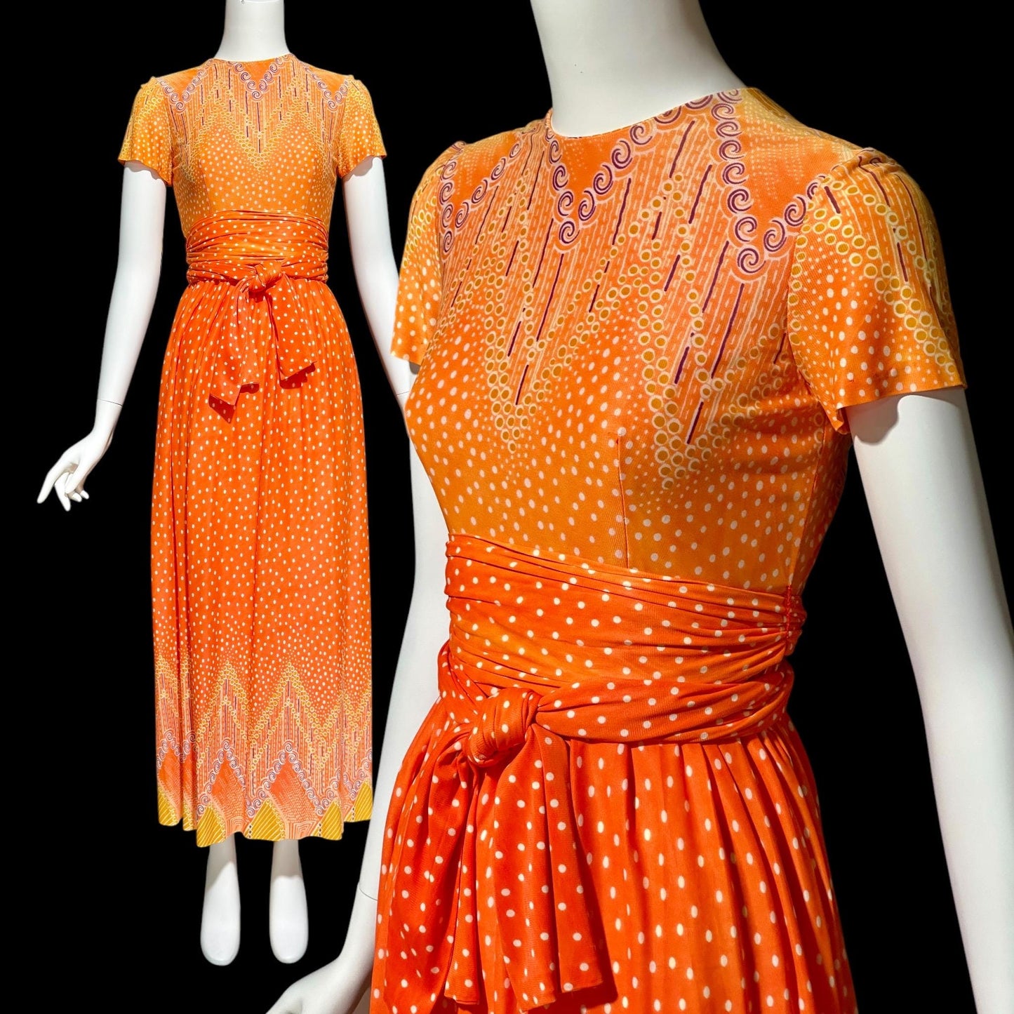 SARMI NY, Vintage 1960s Orange Op Art slinky knit maxi party dress