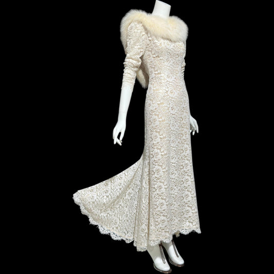 PAT RICHARDS Michael Maiello, vintage 1980s evening dress, white lace & fox collar dynasty glam gown