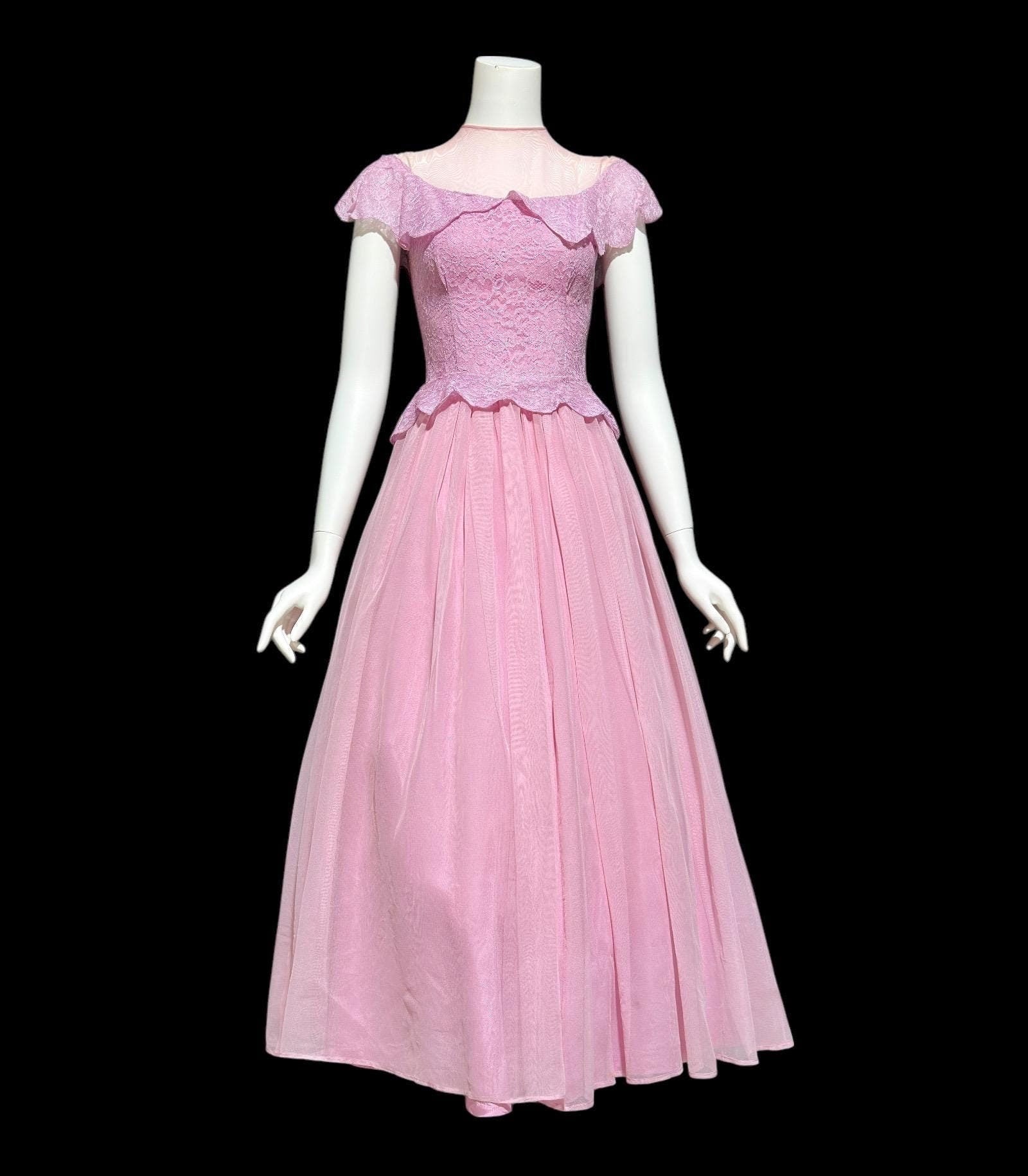 1940s vintage evening gown dress, Orchid purple mesh cupcake prom dress, illusion top with ruffle, peplum circle skirt