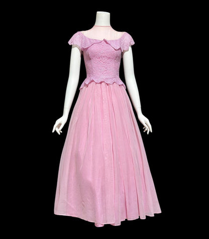 1940s vintage evening gown dress, Orchid purple mesh cupcake prom dress, illusion top with ruffle, peplum circle skirt
