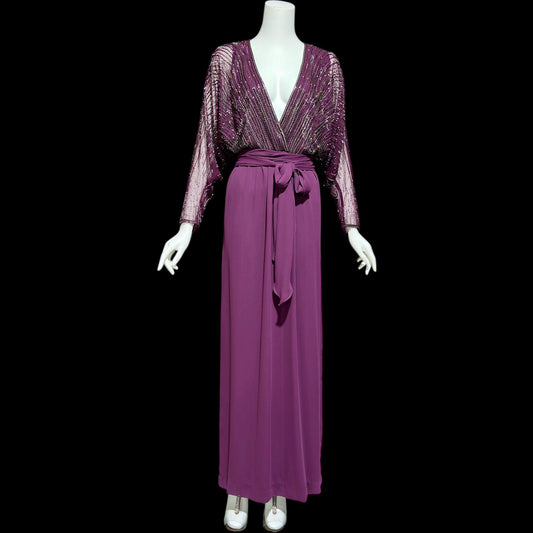 JACK BRYAN vintage evening dress gown, 1970s Aubergine Eggplant Purple chiffon beaded dolman sleeves, Deep V 