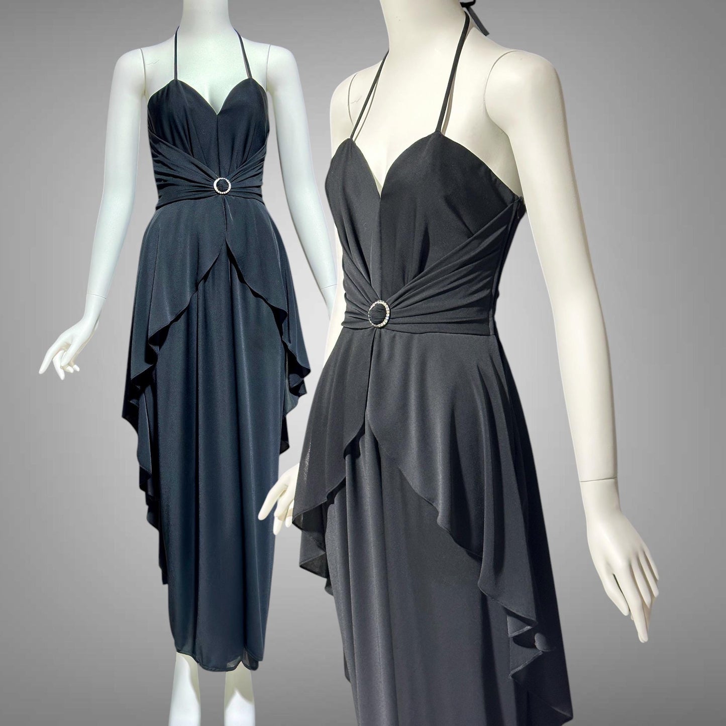 FRANK USHER 1970s vintage Black disco halter Dress, Bustier bodice and Long Peplum skirt