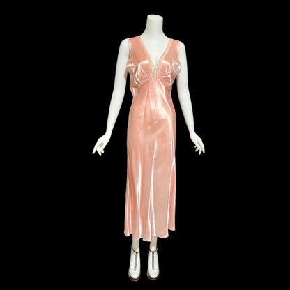1940s vintage nightgown slip dress, Shiny dusty rose peachy pink bias cut slip dress, full length