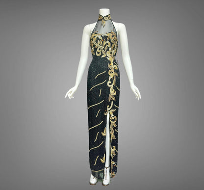 J REYNOLDS DESIGNS, vintage 1990s evening gown, Deadstock Black Beaded Halter Party slip dress