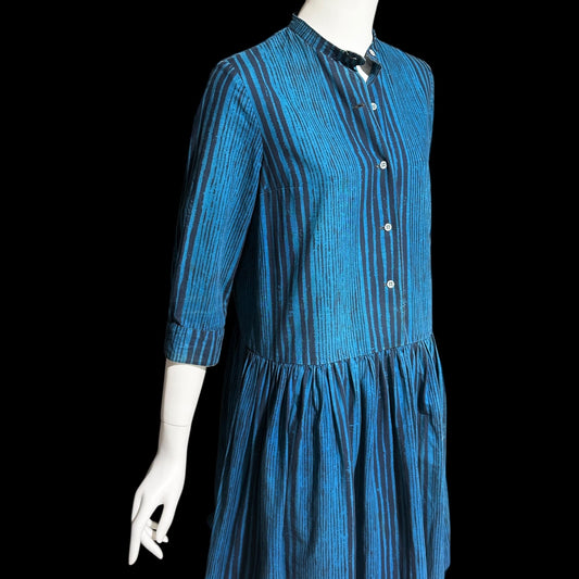 MARIMEKKO vintage 1960s day dress, Suomi Finland cotton shirt dress, Blue black stripe