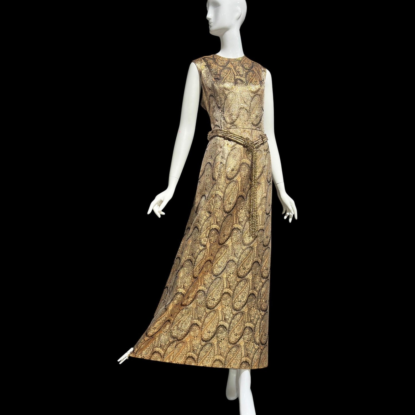 DYNASTY Vintage 1960s evening dress, TRULY SOCIAL metallic copper, gold, bronze and silver paisley gown