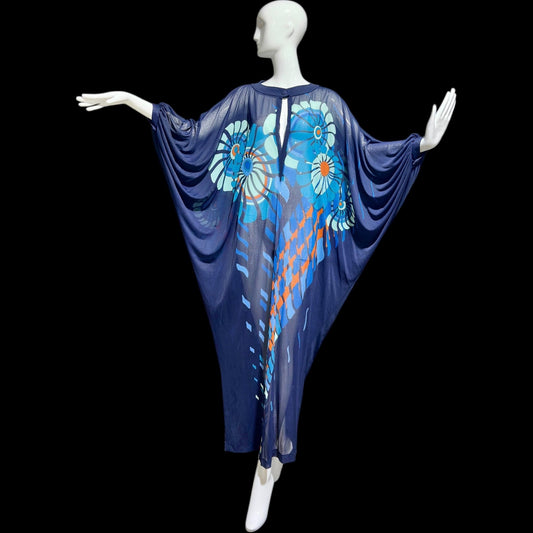 GOTTEX Vintage 1970s sheer kaftan caftan, Sheer nylon navy blue Abstract flowers