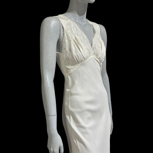 1930s vintage Nightgown slip dress, White rayon and lace bias cut night dress, full length with side snaps