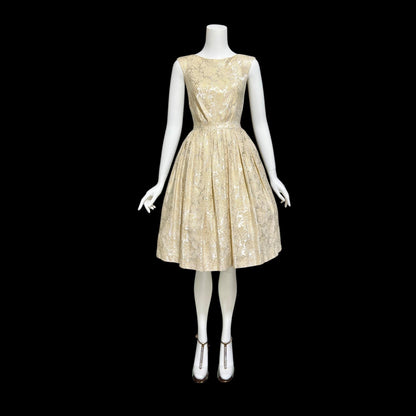 ADORE by Doreen, vintage 1950s dress, shimmering damask cocktail party dress, fit flare pleated dress
