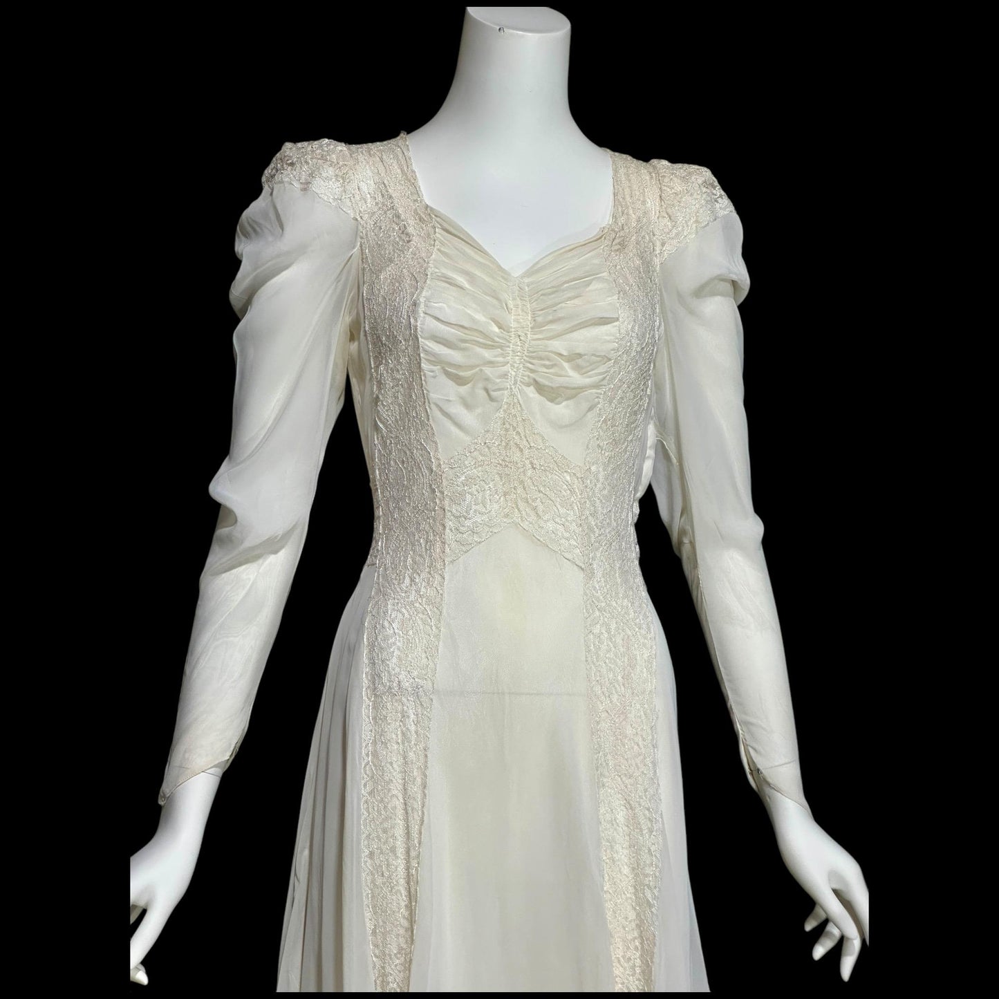 1940s vintage wedding dress, White sheer long sleeve sheath slip gown with train and slip
