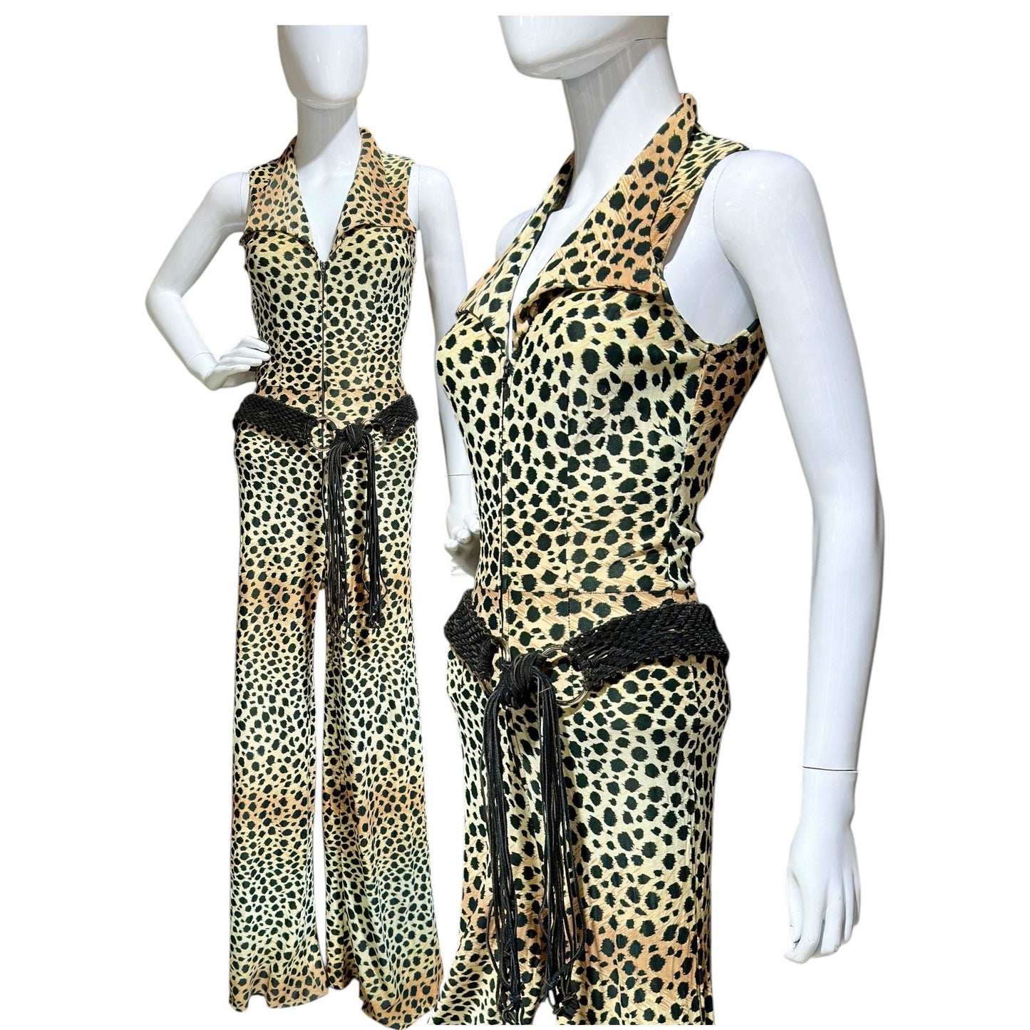 1970s vintage jumpsuit, Animal print BOND GIRL, bell bottom wide leg zip up jump suit