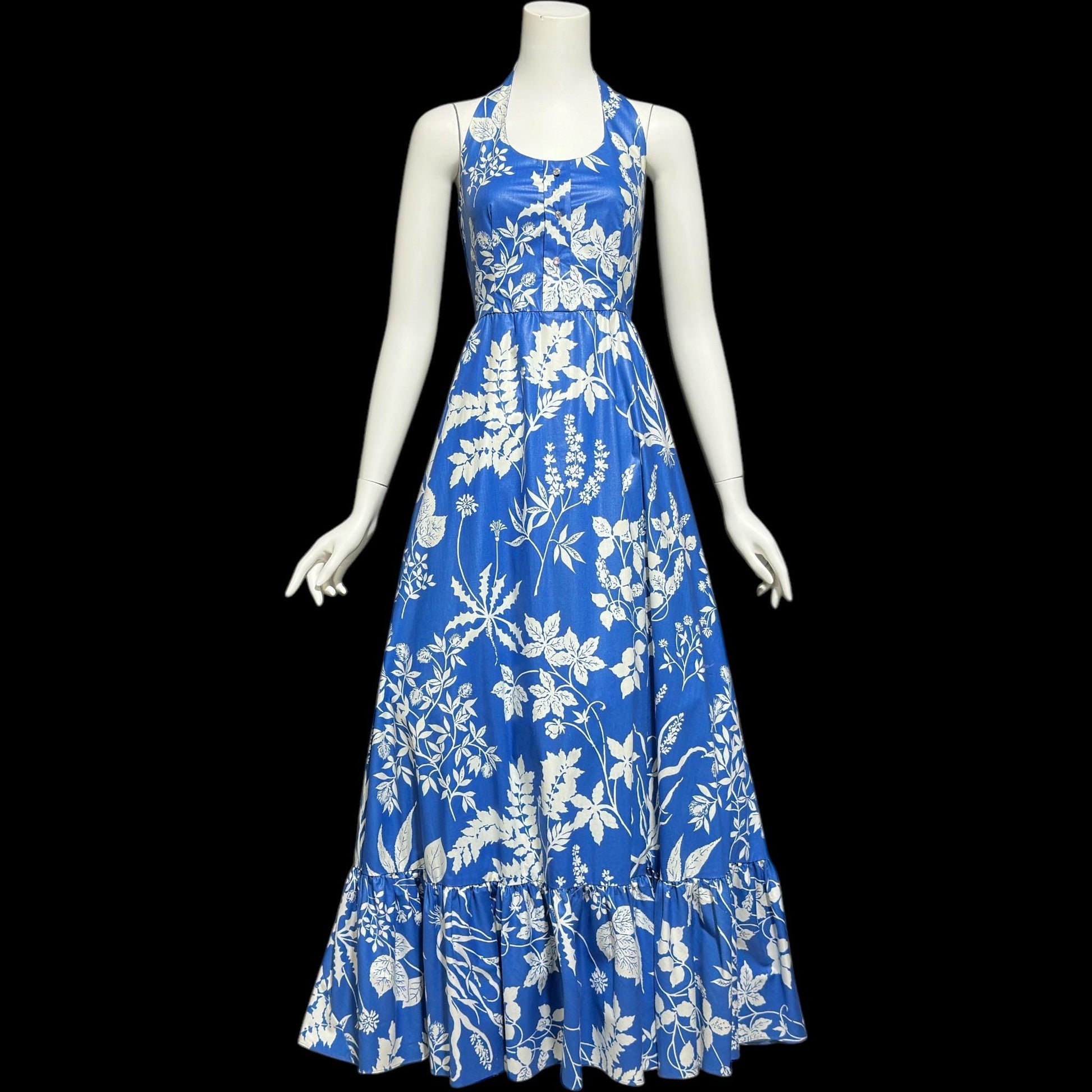 1960s vintage floral maxi dress, Blue white boho hippie halter full ruffle dress, polished cotton summer party sundress