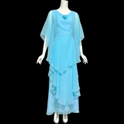 1960s vintage evening dress, turquoise blue poly chiffon scarf cape dress gown