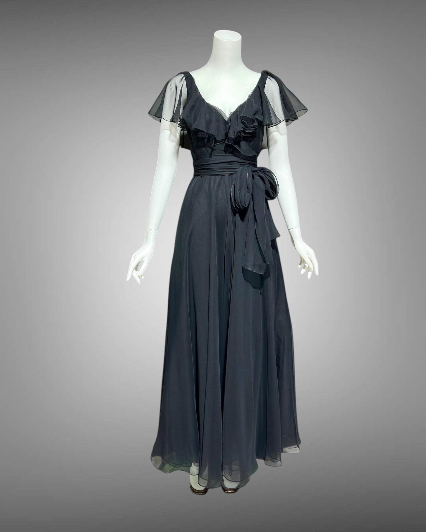 MOLLIE PARNIS vintage evening dress gown, 1970s black poly chiffon ruffled neckline scarf dress