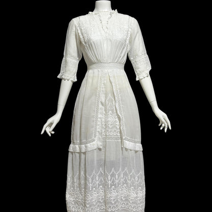 1900s Antique Victorian wedding dress, vintage white batiste cotton gown, Edwardian bride