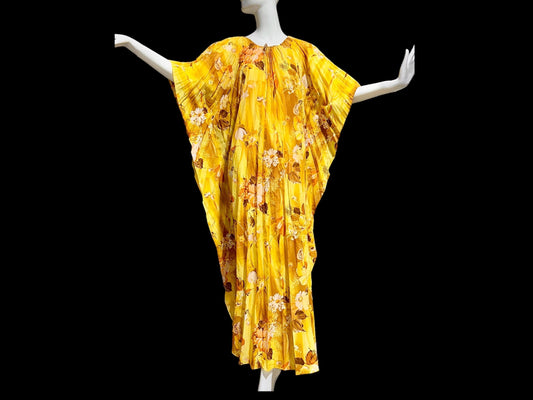 1960s Vintage caftan dress, Sunny golden yellow accordion pleated floral hostess gown
