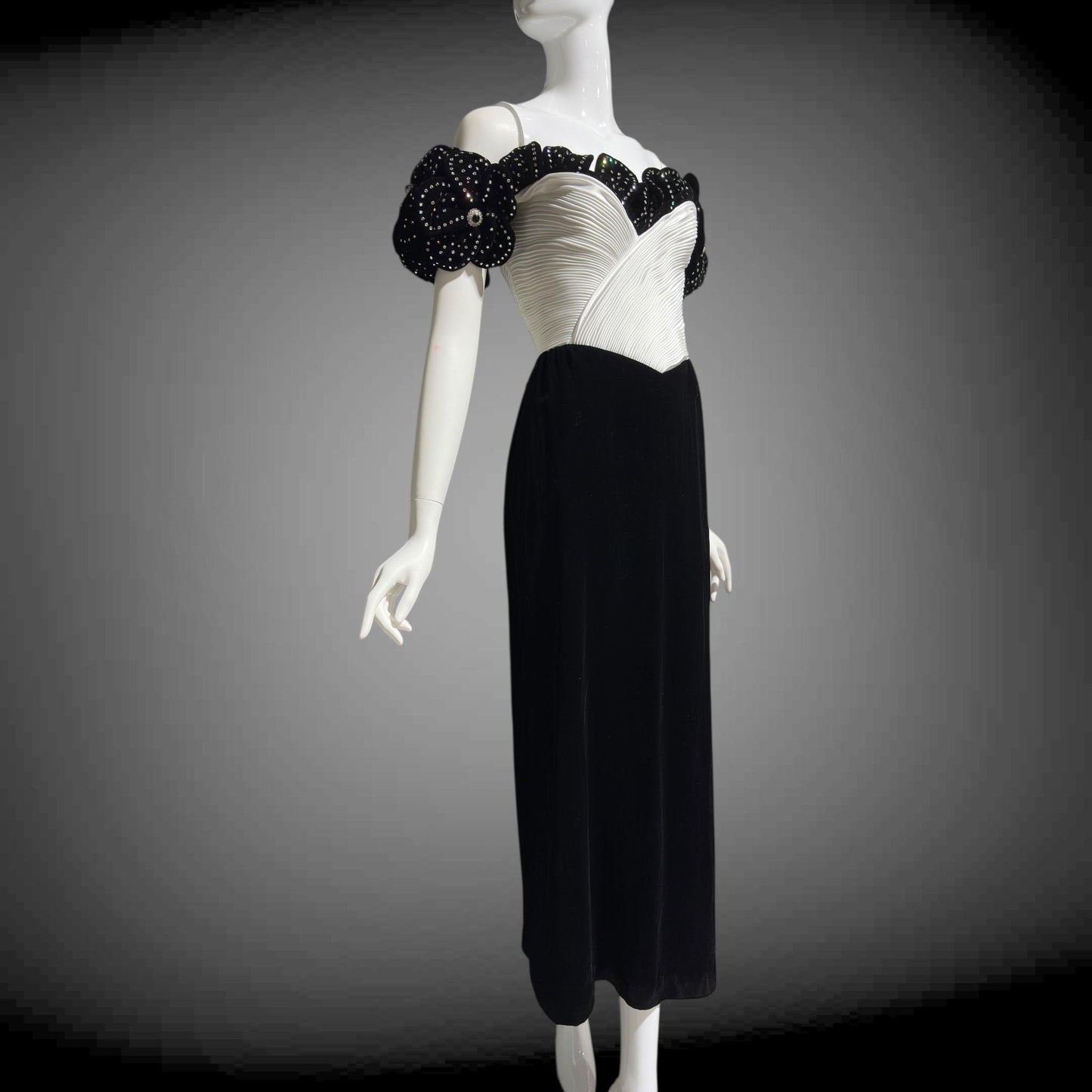 1980s Vintage evening dress gown,  Black Velvet White Plisse and Rhinestones off shoulder gown