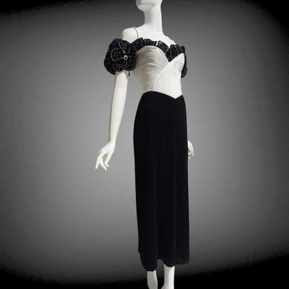1980s Vintage evening dress gown,  Black Velvet White Plisse and Rhinestones off shoulder gown