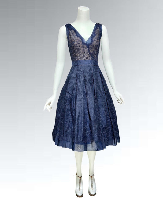 OLDRIC ROYCE by Tony Abate, vintage 1950s evening cocktail dress, navy chiffon fit and flare party dress