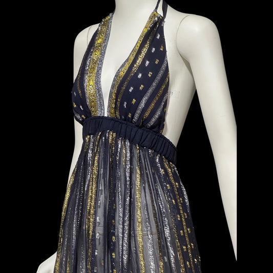 1970s Vintage Disco Diva evening party dress, sheer nylon and metallic halter gown, studio 54 disco