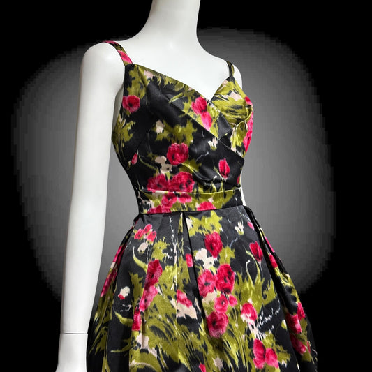 I. MAGNIN vintage 1950s evening dress, black floral cocktail party dress, Black with magenta poppies