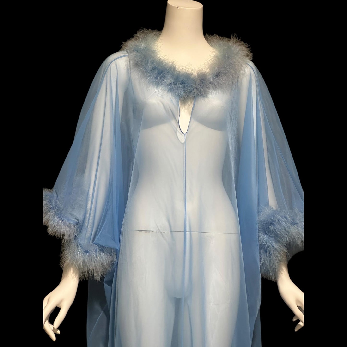JENELLE of California, vintage 1960s nightgown caftan, Sheer blue nylon with marabou feathers, loose house dress lounging gown