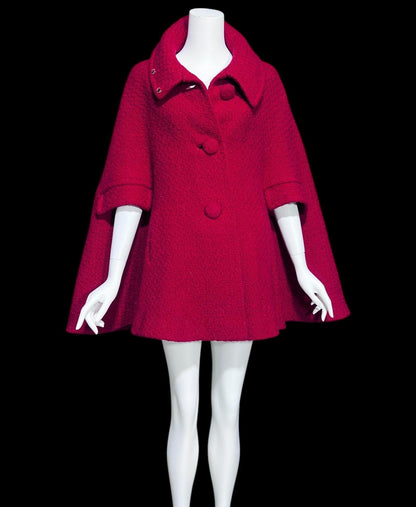 FRANKLIN SIMON, 1960s Mod red swing cape jacket, nubby wool button front car coat