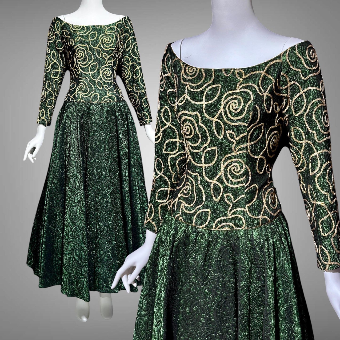 TERENCE NOLDER London, 1980s vintage gown, deep green and gold long sleeve ball gown