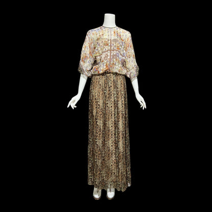MOLLIE PARNIS, vintage 1970s evening dress, brown silk blouson formal gown