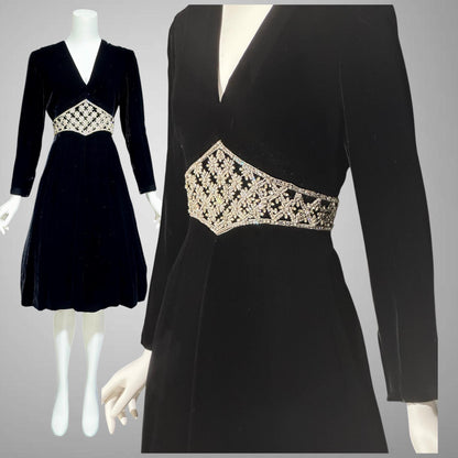 MOLLIE PARNIS for SAKS black velvet cocktail party dress, 1960s Rhinestone encrusted waist