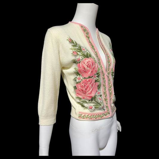 BERNICE CREATIONS, vintage 1950s cardigan, cream and pink rose print acrylic zip front sweater