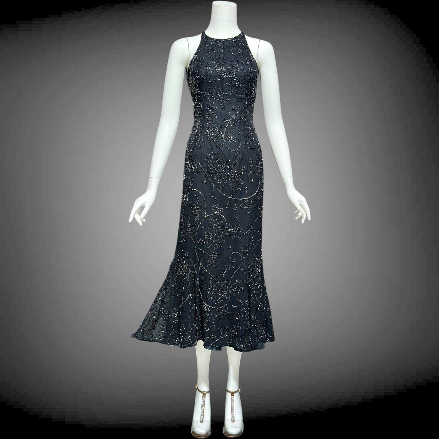CACHE vintage 1990s evening dress, Bodycon black beaded racer back sheath slip dress, backless cocktail party dress