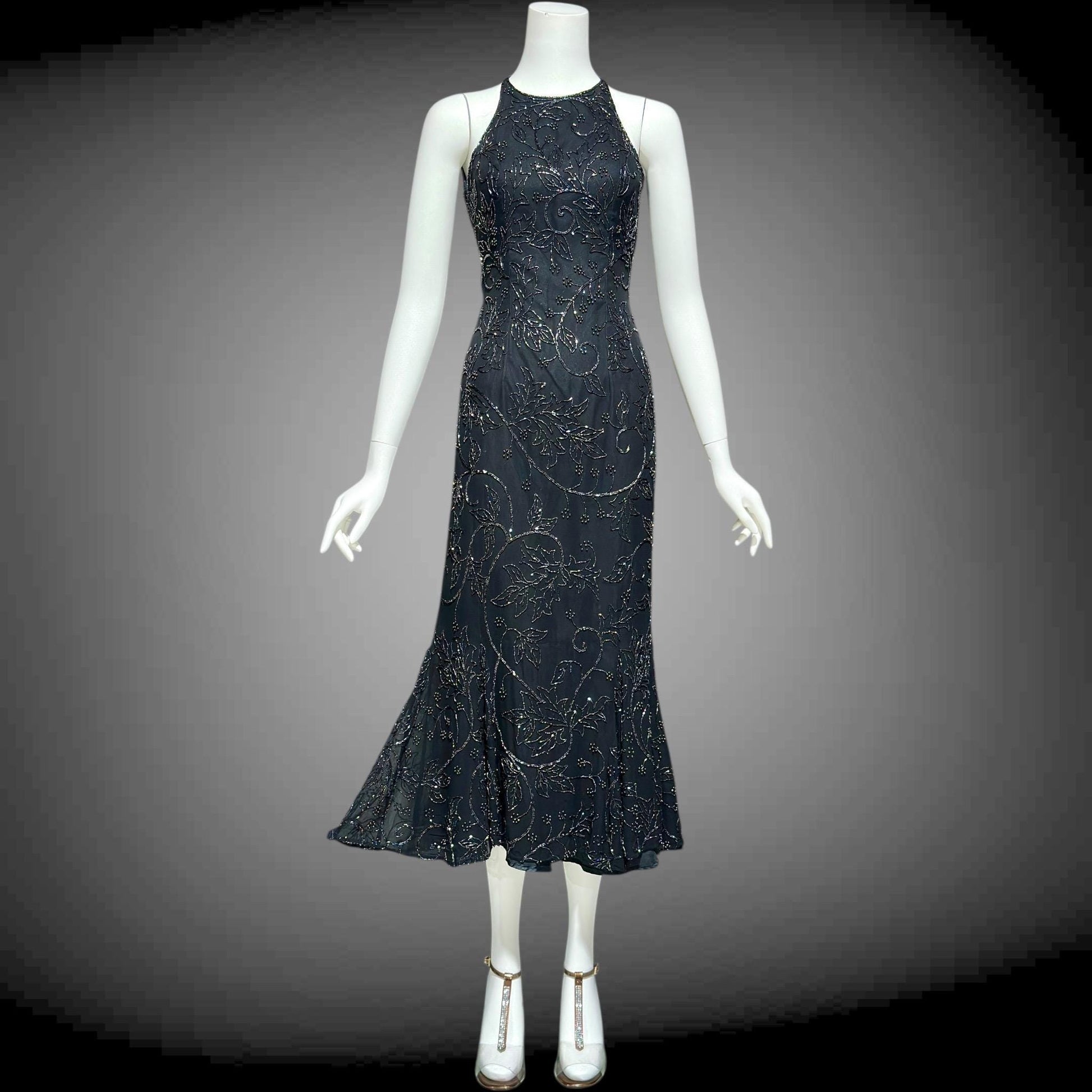 CACHE vintage 1990s evening dress, Bodycon black beaded racer back sheath slip dress, backless cocktail party dress