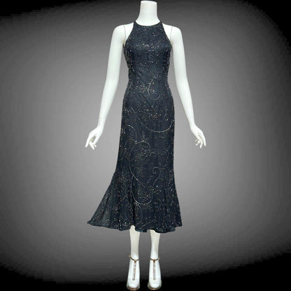 CACHE vintage 1990s evening dress, Bodycon black beaded racer back sheath slip dress, backless cocktail party dress