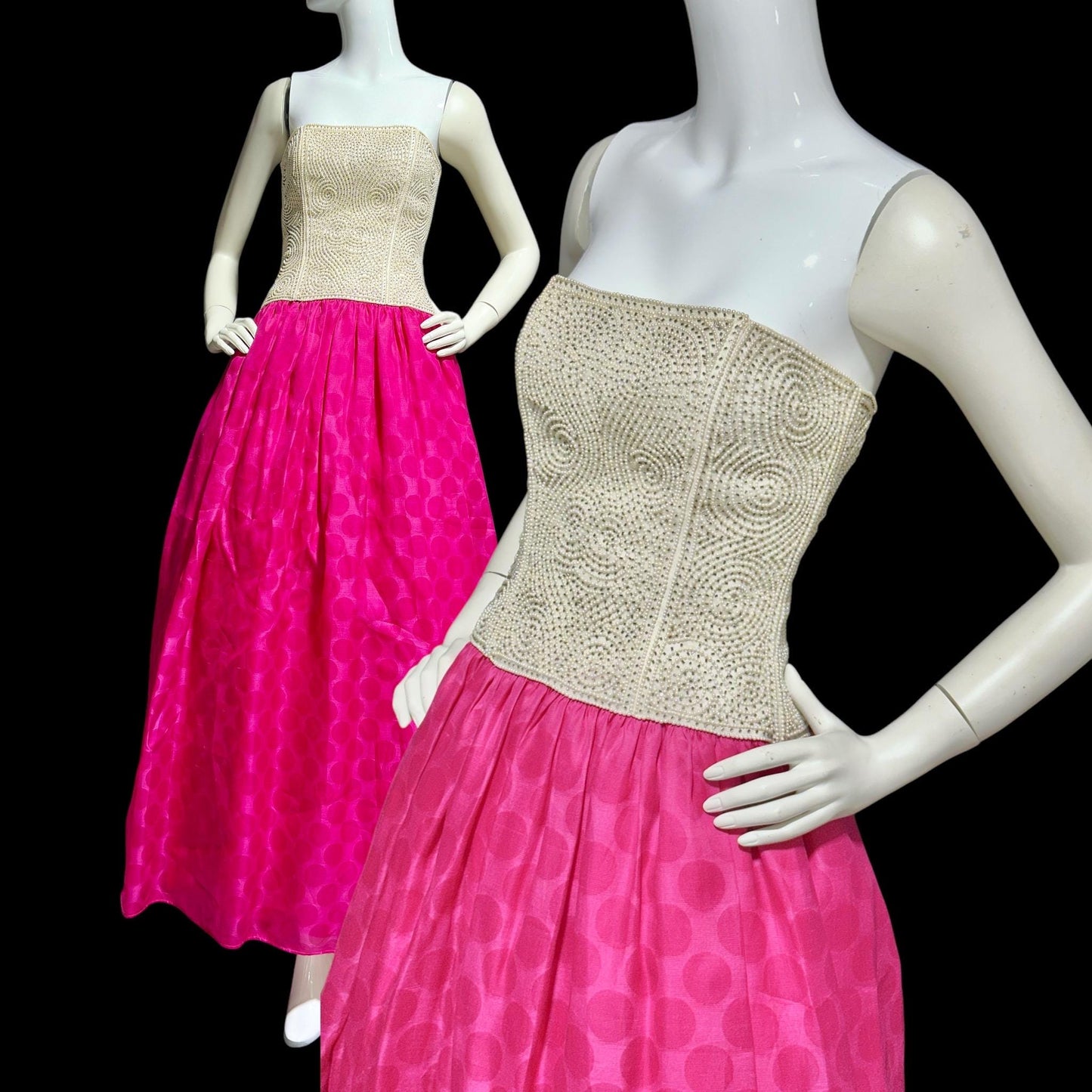 RICHILENE vintage 1980s Lord & Taylor strapless evening dress, white beaded hot pink polka dot skirt ball gown