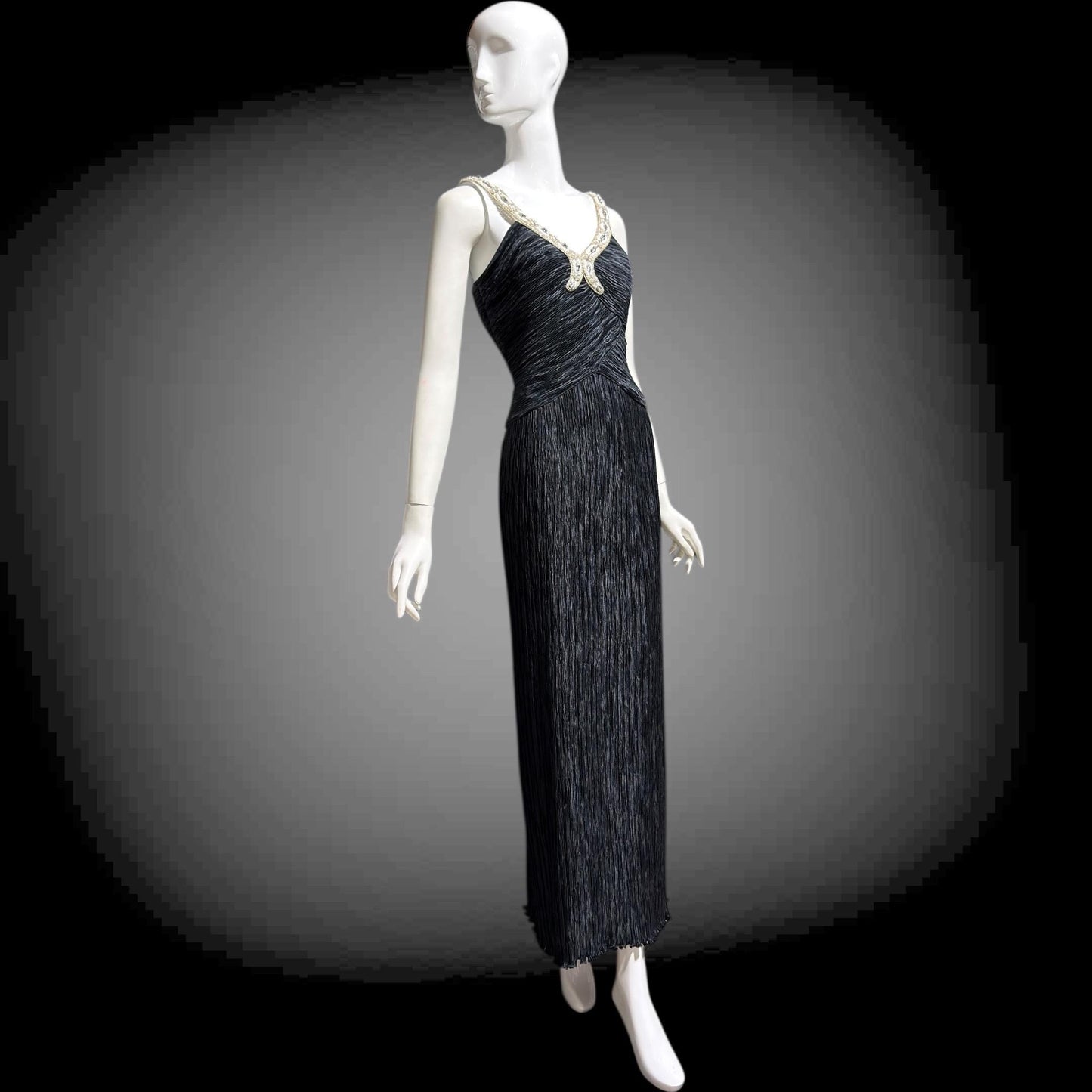 MARY MCFADDEN COUTURE vintage 1980s evening dress, I.Magnin black beaded plisse pleats gown