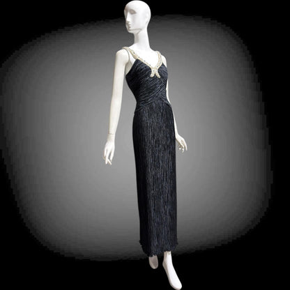 MARY MCFADDEN COUTURE vintage 1980s evening dress, I.Magnin black beaded plisse pleats gown