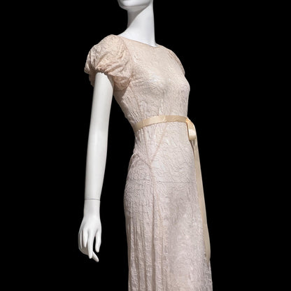 FRANKLIN SIMON vintage 1930s evening dress, totally sheer blush lace, bias cut see through feather weight sheath gown